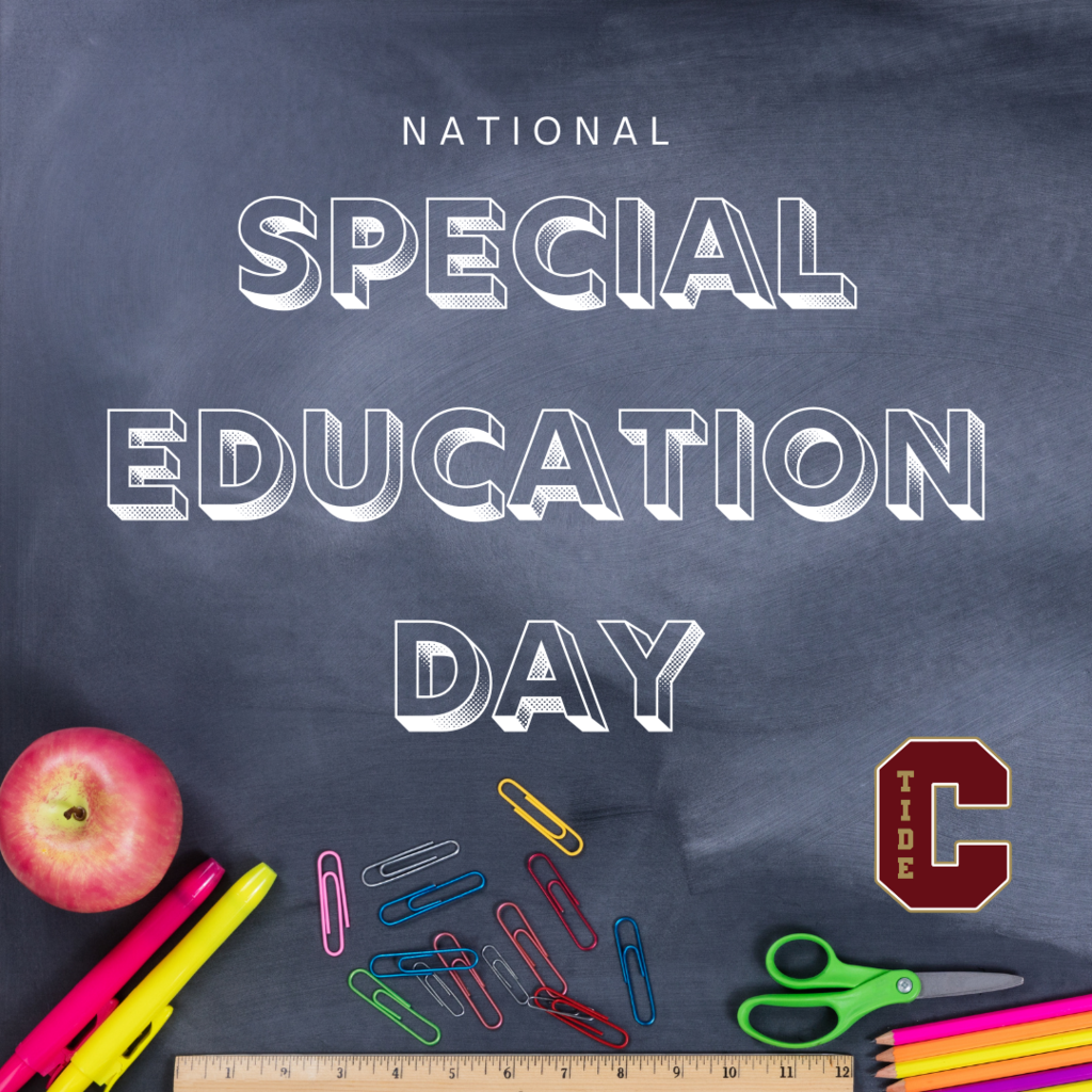 Black chalk board background with school supplies at bottom "National Special Education Day" with CBSD logo