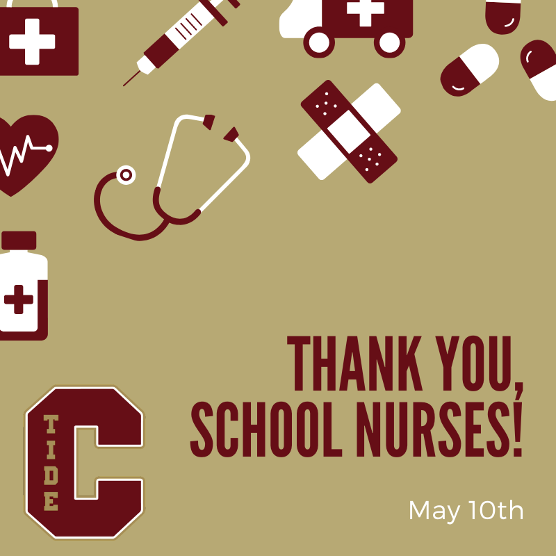 Thank you School Nurses! with C logo and clipart of healthcare items(shot, bandaid, pills, ambulance, medical bag, heart, medicine bottle)