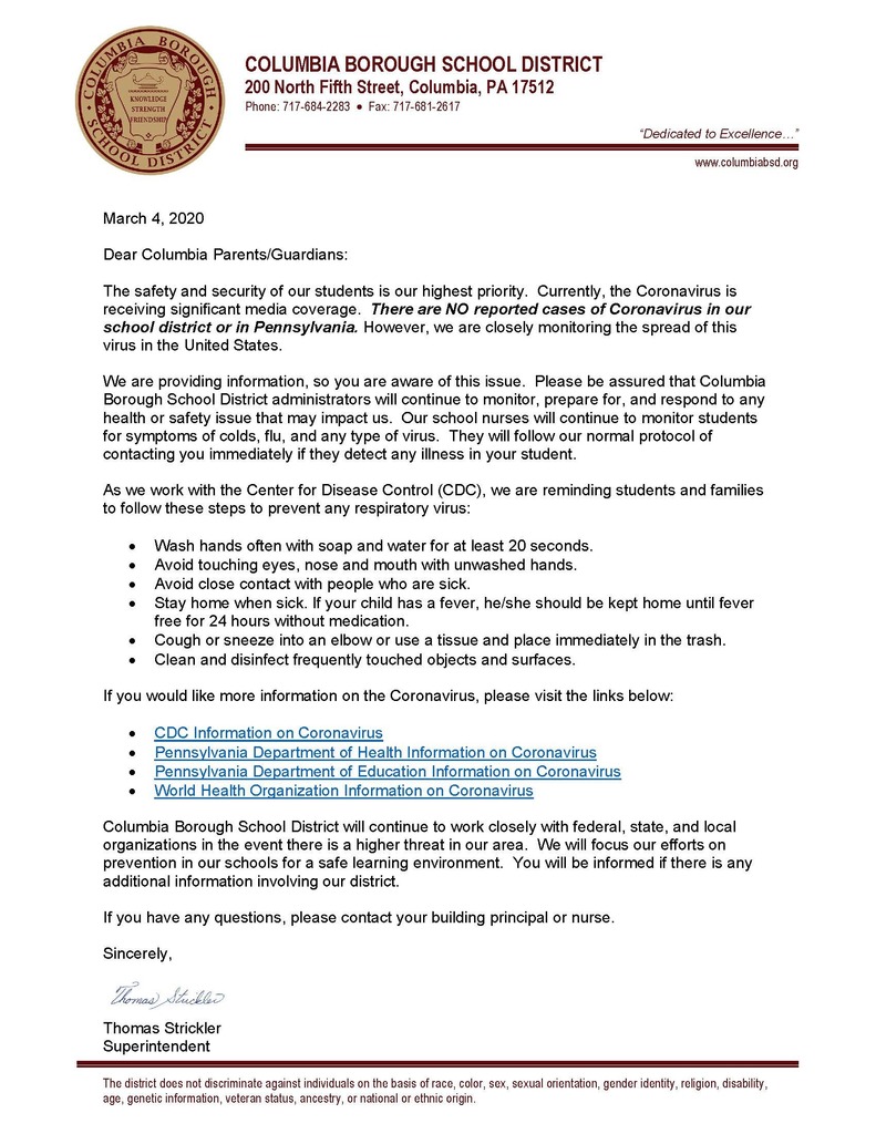 Coronavirus letter from the Superintendent